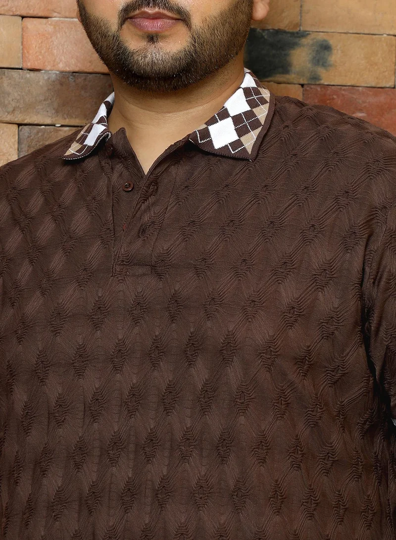 Instafab Plus  Men's Chocolate Brown Block Argyle-Knit Polo T-Shirt for Men | Best Price UAE