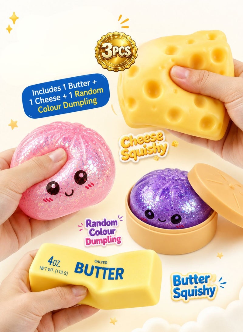 3-Piece Squishy Toy Set – Butter, Cheese and Random Colour Dumpling Designs, Soft Squeeze Sensory Fidget Toys, Cute Stress-Relief Toys, Party Favours and Gifts - Image 1