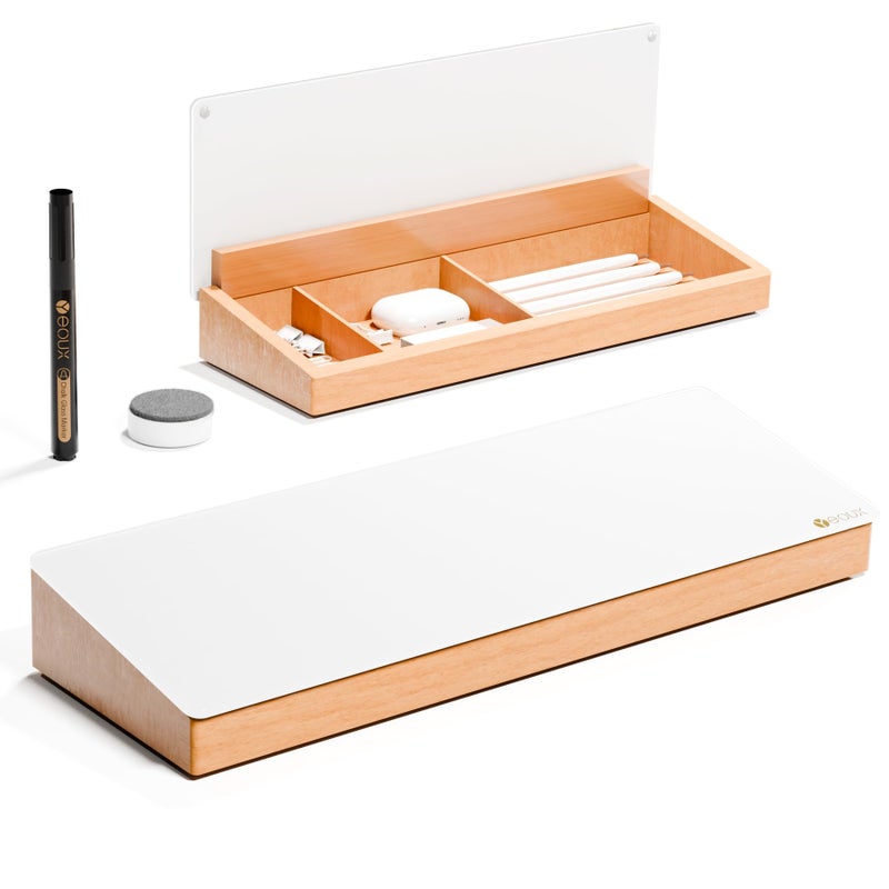 YEOUX Glass Desktop Whiteboard with Wood Organizer for Small Office Accessories, Aesthetic Desk Dry Erase White Board with Drawer for Home Office Cubicle, Marker & Eraser Included, Yeoux - Image 1