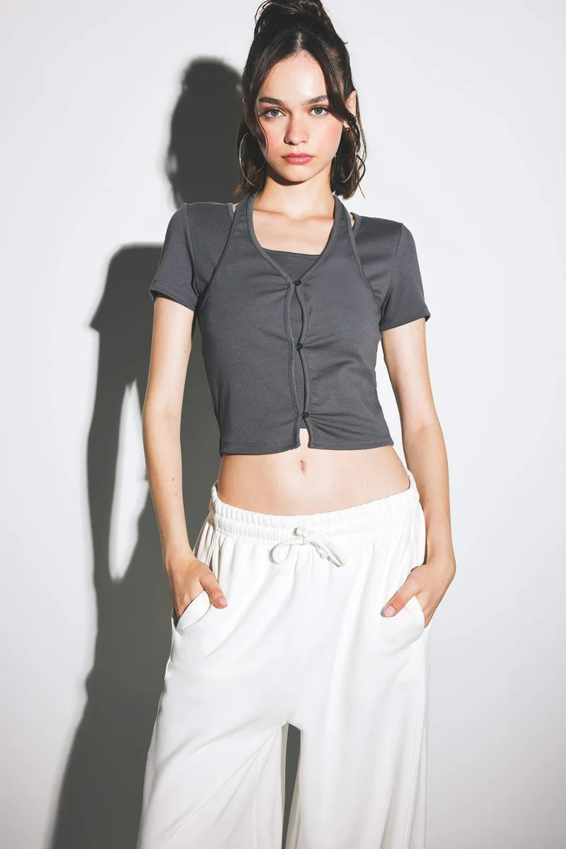ديفاكتو Halter Collar Ribana Short Sleeve T-Shirt