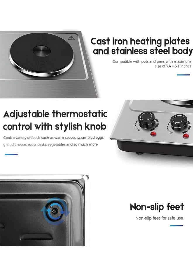 DSP Electric Double Hot Plate,2500W Stainless Steel Countertop Cast Iron Hot Plates Cooktop,Portable Electric Double Burners with Adjustable Temperature Control, Indicator Lights and Easy to Clean,Electric Stove for Kitchen, Dorm and Camping,KD4047,Silver - Image 5