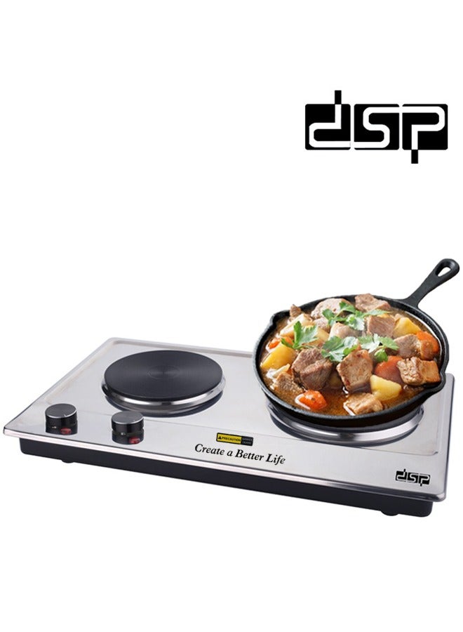 DSP Electric Double Hot Plate,2500W Stainless Steel Countertop Cast Iron Hot Plates Cooktop,Portable Electric Double Burners with Adjustable Temperature Control, Indicator Lights and Easy to Clean,Electric Stove for Kitchen, Dorm and Camping,KD4047,Silver - Image 1
