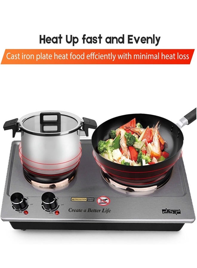 DSP Electric Double Hot Plate,2500W Stainless Steel Countertop Cast Iron Hot Plates Cooktop,Portable Electric Double Burners with Adjustable Temperature Control, Indicator Lights and Easy to Clean,Electric Stove for Kitchen, Dorm and Camping,KD4047,Silver - Image 2