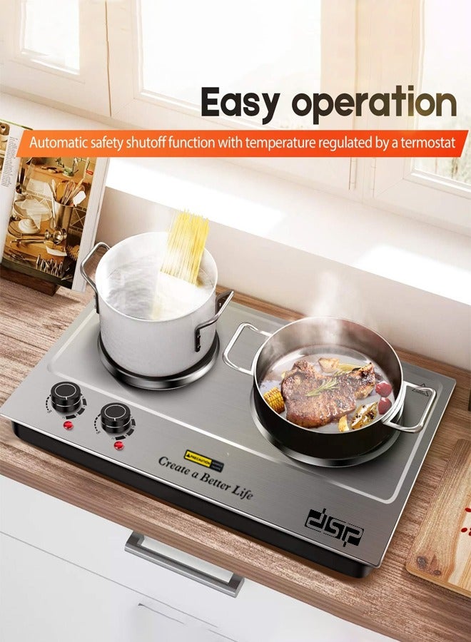 DSP Electric Double Hot Plate,2500W Stainless Steel Countertop Cast Iron Hot Plates Cooktop,Portable Electric Double Burners with Adjustable Temperature Control, Indicator Lights and Easy to Clean,Electric Stove for Kitchen, Dorm and Camping,KD4047,Silver - Image 3