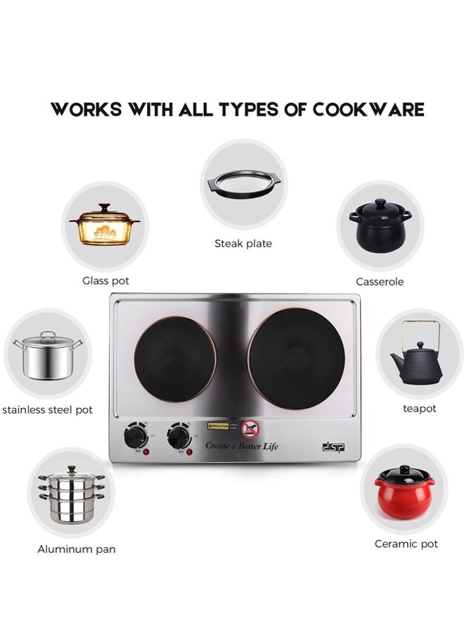 DSP Electric Double Hot Plate,2500W Stainless Steel Countertop Cast Iron Hot Plates Cooktop,Portable Electric Double Burners with Adjustable Temperature Control, Indicator Lights and Easy to Clean,Electric Stove for Kitchen, Dorm and Camping,KD4047,Silver - Image 4