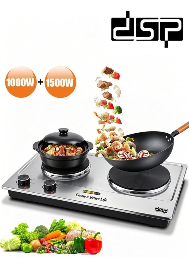 DSP Electric Double Hot Plate,2500W Stainless Steel Countertop Cast Iron Hot Plates Cooktop,Portable Electric Double Burners with Adjustable Temperature Control, Indicator Lights and Easy to Clean,Electric Stove for Kitchen, Dorm and Camping,KD4047,Silver - Image 1