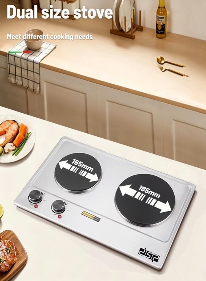 DSP Electric Double Hot Plate,2500W Stainless Steel Countertop Cast Iron Hot Plates Cooktop,Portable Electric Double Burners with Adjustable Temperature Control, Indicator Lights and Easy to Clean,Electric Stove for Kitchen, Dorm and Camping,KD4047,Silver - Image 5