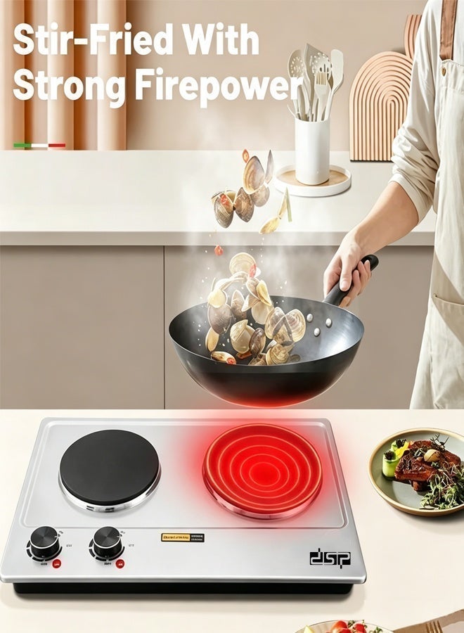 DSP Electric Double Hot Plate,2500W Stainless Steel Countertop Cast Iron Hot Plates Cooktop,Portable Electric Double Burners with Adjustable Temperature Control, Indicator Lights and Easy to Clean,Electric Stove for Kitchen, Dorm and Camping,KD4047,Silver - Image 2
