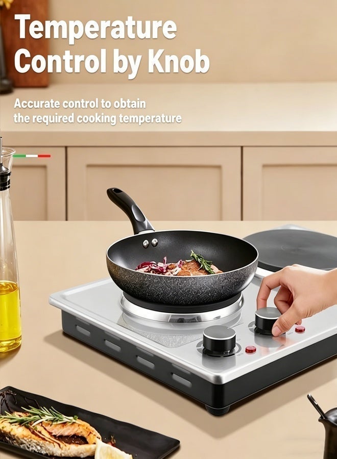 DSP Electric Double Hot Plate,2500W Stainless Steel Countertop Cast Iron Hot Plates Cooktop,Portable Electric Double Burners with Adjustable Temperature Control, Indicator Lights and Easy to Clean,Electric Stove for Kitchen, Dorm and Camping,KD4047,Silver - Image 3