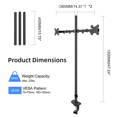 Pholiten Extra Tall Dual Monitor Stand, Dual Monitor Mount, Desk Mount up to 47 inch Pole, 2 Monitor Stand, Computer Monitor Arm, Fully Adjustable Stand for up to 27 inch Screens - Image 5