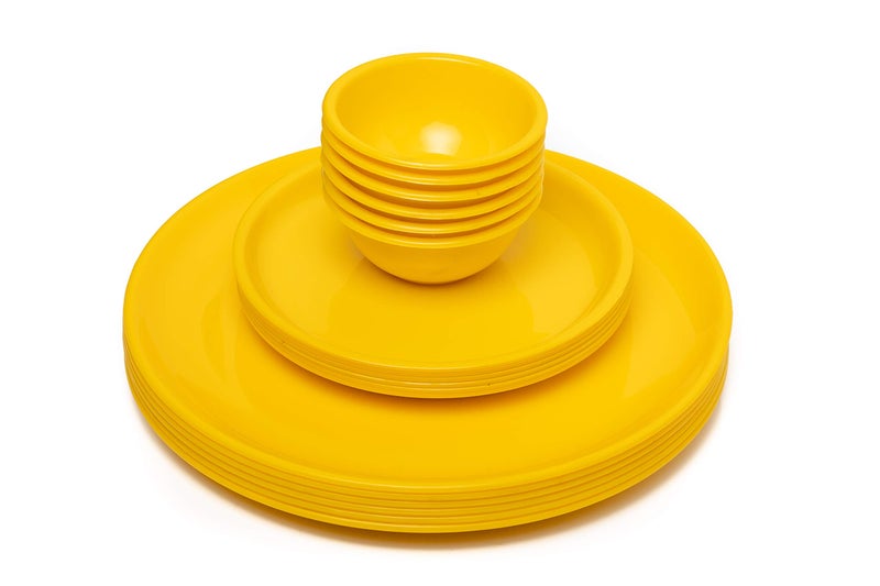 URMILA PLASTIC® Microwave Safe Unbreakable Round Dinner Set Big Plates Set of 6 Small Plates Set of 6& Pcs Katori, Made in India (Yellow, Set of 18) - Image 1