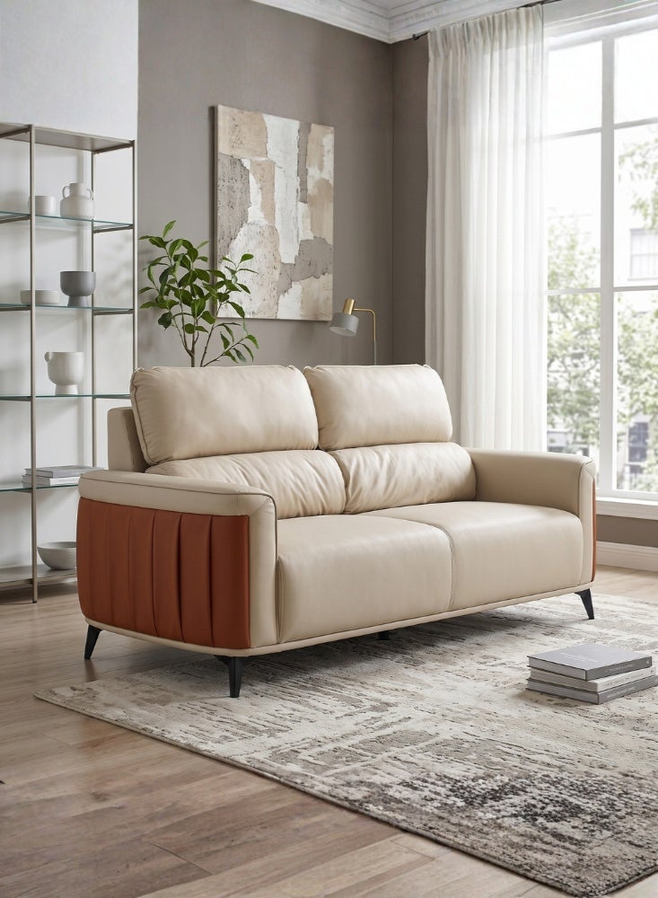 Karnak Bharata Modern 2 Seater Sofa with Plush Cushioned Seat & Backrest | Leather Sofa with Contoured Armrests & Elevated Legs for Living Room Furniture (Beige) - Image 1