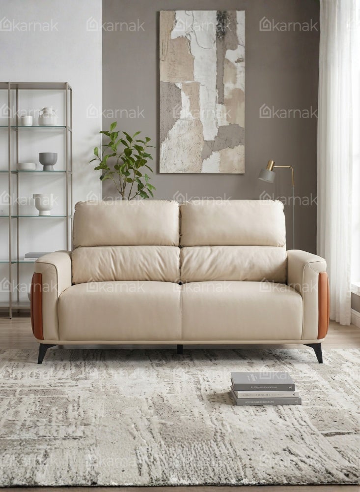 Karnak Bharata Modern 2 Seater Sofa with Plush Cushioned Seat & Backrest | Leather Sofa with Contoured Armrests & Elevated Legs for Living Room Furniture (Beige) - Image 3