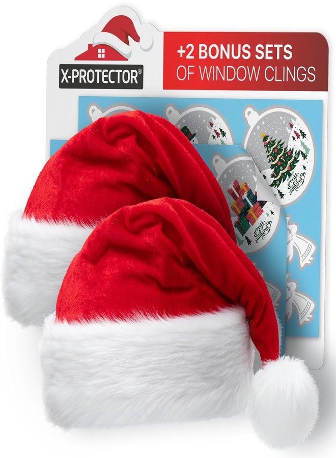 X-Protector Santa Hat 2 PCS - Large Christmas Hat for Adults - Premium Red Santa Hats - Luxury Christmas Hats for Women and Men - Xmas Santa Cap with 2 Bonus Sets of Window Clings - Happy New Year! - Image 1