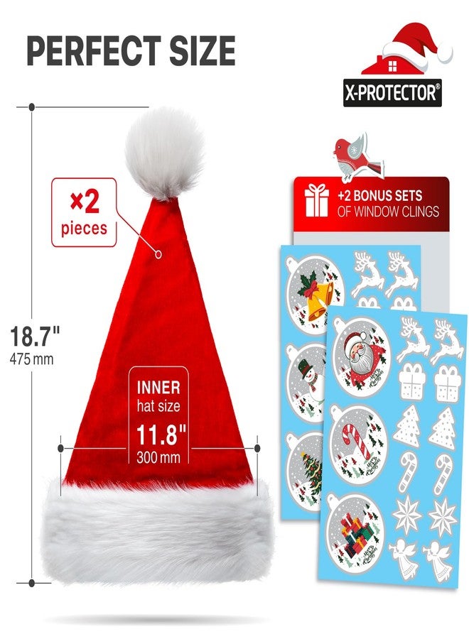 X-Protector Santa Hat 2 PCS - Large Christmas Hat for Adults - Premium Red Santa Hats - Luxury Christmas Hats for Women and Men - Xmas Santa Cap with 2 Bonus Sets of Window Clings - Happy New Year! - Image 2