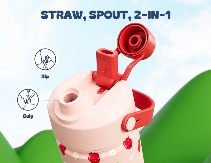 powcan 18 oz Kids Metal Water Bottle: 2-in-1 Straw Spout Lid, Spill-Proof, Easy Clean, Keep Cold 24H, Backpack Friendly, BPA-Free Stainless Steel Cup for School, Daycare, Playtime, Gift (Strawberry Daisy) - Image 3