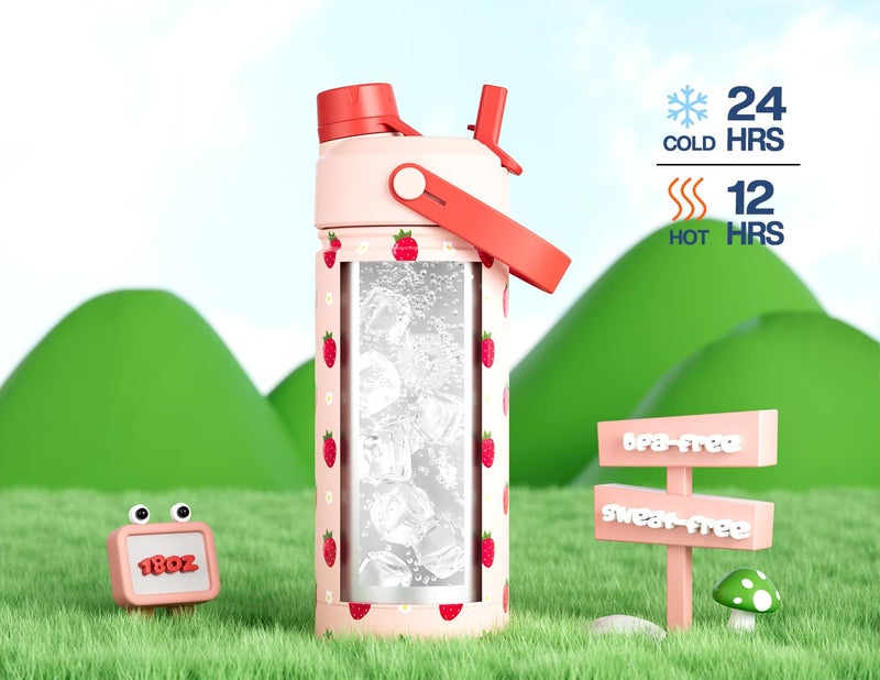 powcan 18 oz Kids Metal Water Bottle: 2-in-1 Straw Spout Lid, Spill-Proof, Easy Clean, Keep Cold 24H, Backpack Friendly, BPA-Free Stainless Steel Cup for School, Daycare, Playtime, Gift (Strawberry Daisy) - Image 5