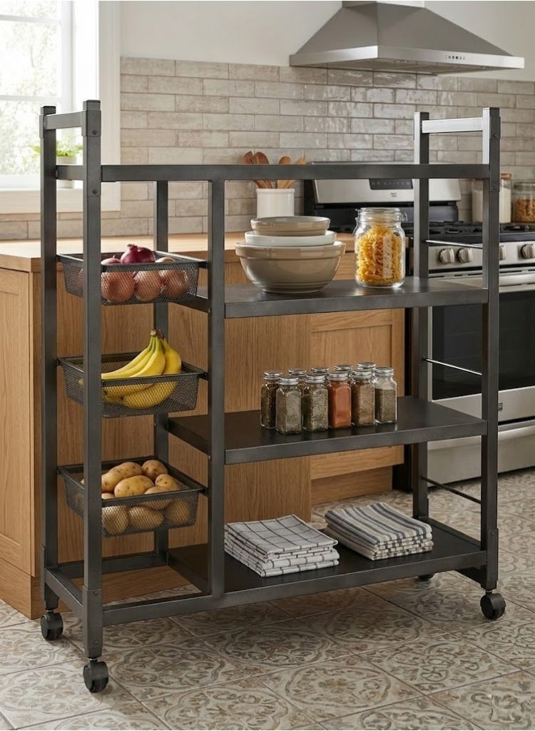 أرفف تخزين من 3 طبقات بعجلات، وحدة رفوف معدنية مع سلال سلكية، رف منظم للمطبخ للحمام - Image 3