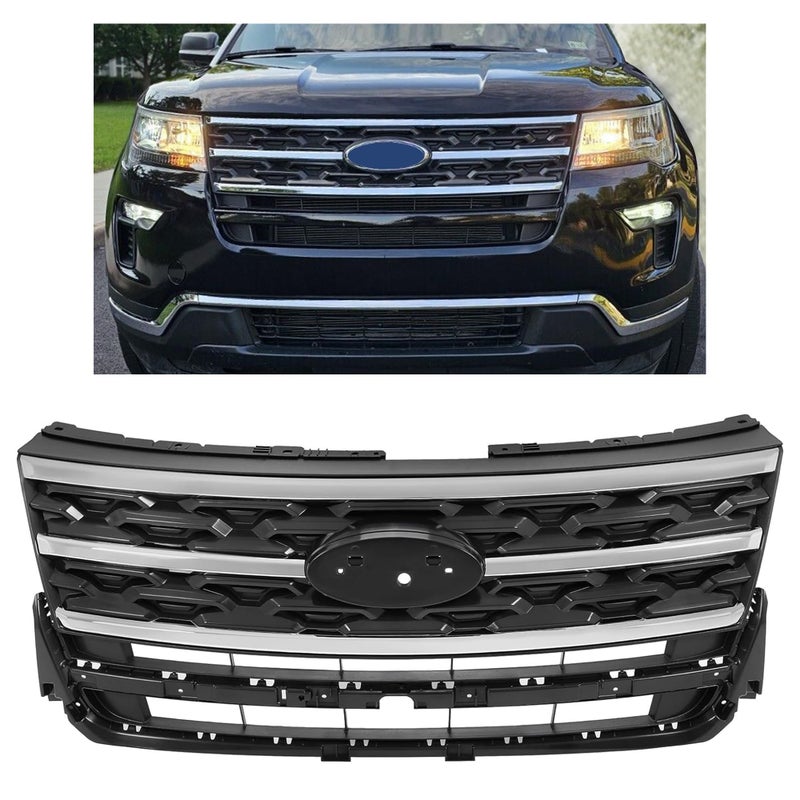 HECASA Front Grille Grill Compatible with 20182019 Ford Explorer Front Bumper Upper Hood Grill Chrome Black  Silvery