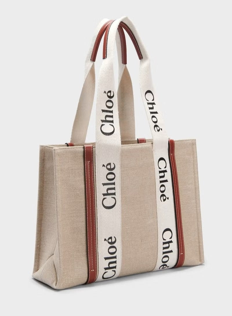Chloe Woody Medium Women Tote Bag in Linen, Women Shoulder Bag, Women Hand Bag, Women's Travel Bag, Women's Shopping Bag, White-Brown - Image 4