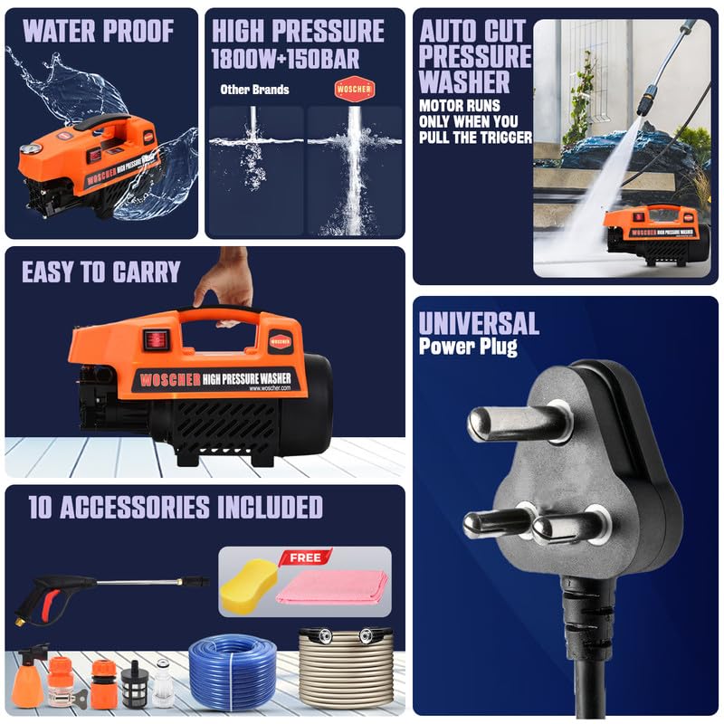 Woscher 878 High Pressure Washer 150 Bars1800 Watts8L Min Water Flow Rate8 Metres Outlet Hose Portable for Car Bike and Car Washer High Pressure Pump for Home Use Cleaning18 Months Warranty - Image 2