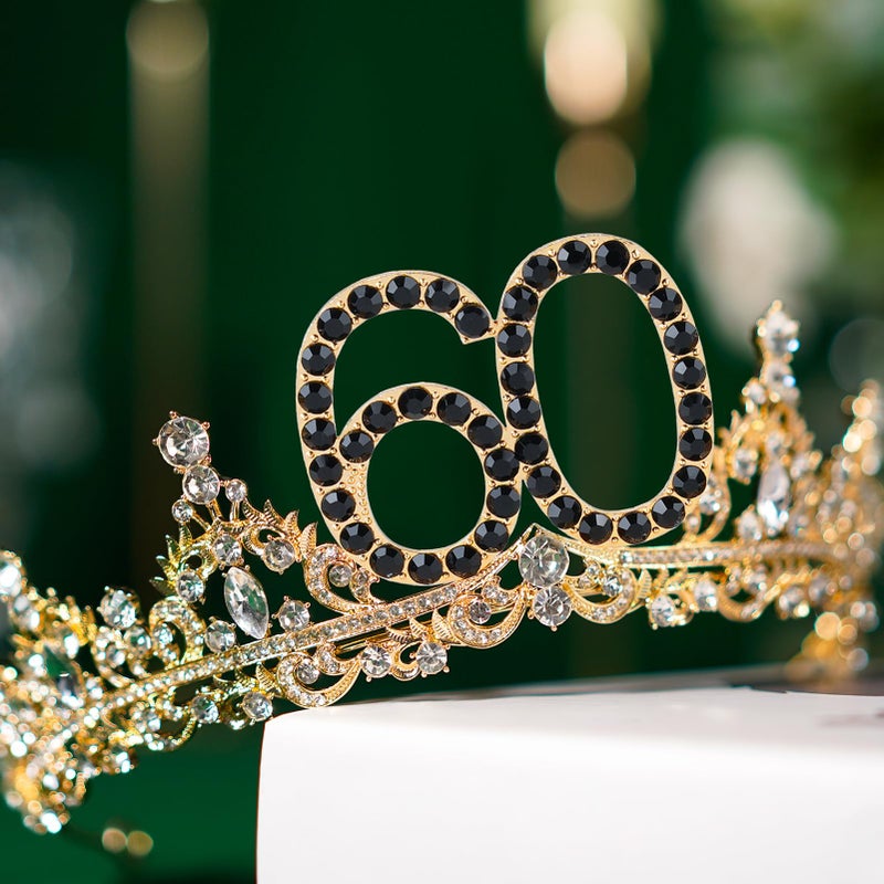 Uiorgui 60th Birthday Crown and Sash for Women 60 Tiara Black Gold 60th Birthday Decorations Gifts Favors for Female Friends Sister Wife Mom - Image 4