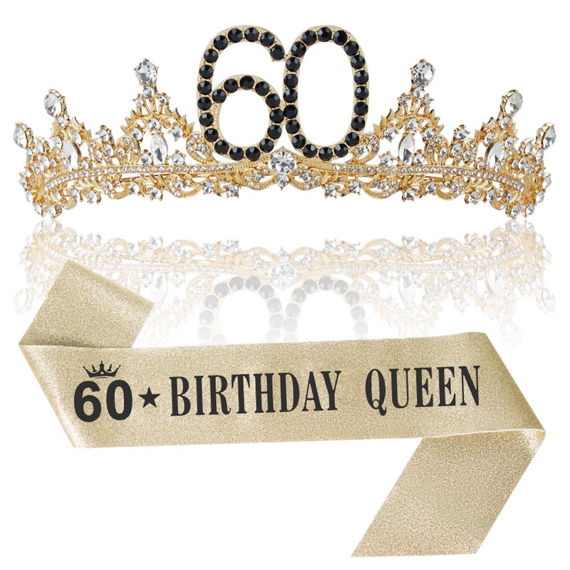 Uiorgui 60th Birthday Crown and Sash for Women 60 Tiara Black Gold 60th Birthday Decorations Gifts Favors for Female Friends Sister Wife Mom - Image 1