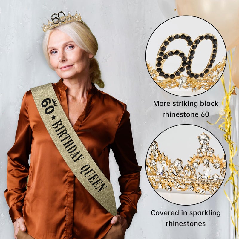 Uiorgui 60th Birthday Crown and Sash for Women 60 Tiara Black Gold 60th Birthday Decorations Gifts Favors for Female Friends Sister Wife Mom - Image 3
