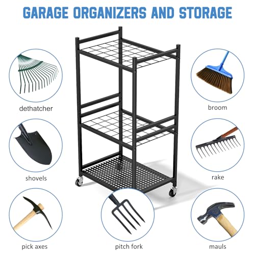 DAOUTIME Garden Organizer With Wheels, Yard Tower Rack for Garage Storage, Up to 35 Long-Handled Tools, Sturdy Metal Steel Holder With 3 Hooks, Outdoor, Black - Image 5
