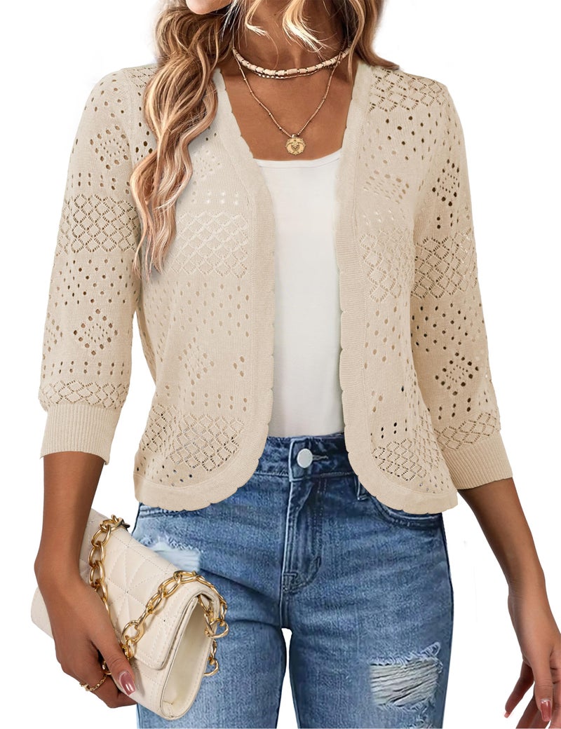 REDHOTYPE Women's 3/4 Sleeve Cardigan Open Front Cropped Shrugs Summer Hollowed Lightweight Cardigans Sweater,Apricot,L - Image 1