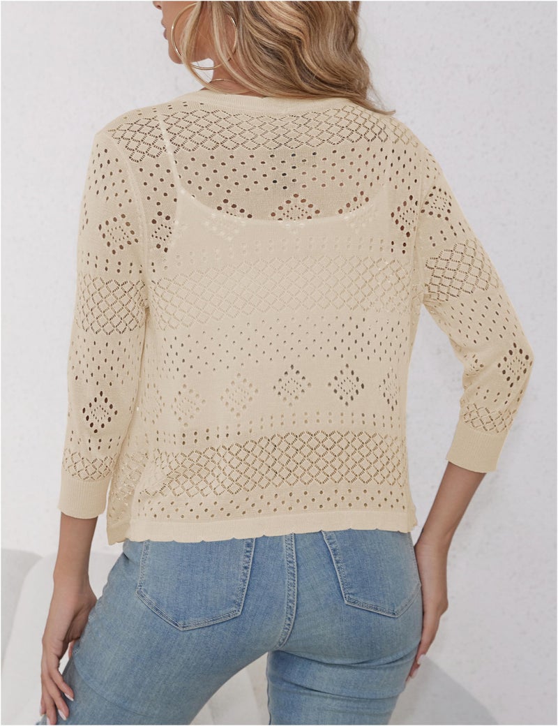 REDHOTYPE Women's 3/4 Sleeve Cardigan Open Front Cropped Shrugs Summer Hollowed Lightweight Cardigans Sweater,Apricot,L - Image 4