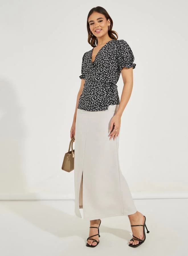Styli Styli All Over Print Wrap Top With Puff Sleeves