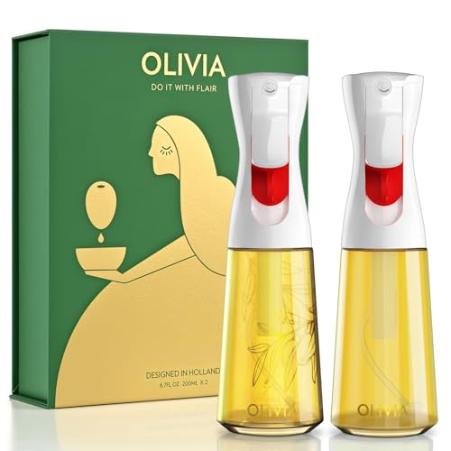 Flairosol رذاذ زيت الزيتون FLAIROSOL OLIVIA للطهي، عبوتان سعة 200 مل من زجاج رذاذ زيت الزيتون، موزع رذاذ طهي مستمر مع تحكم في الكمية للمقلاة الهوائية، السلطة، الشواء، أبيض - Image 1