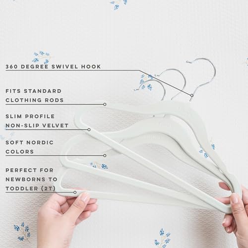 3 Sprouts Velvet Baby Hangers - Non-Slip Hanger for Infant, Toddler, Baby Clothes - Closet Kids Hangers with Slim Design, Nordic Colors, Pack of 30 - Green - Image 3