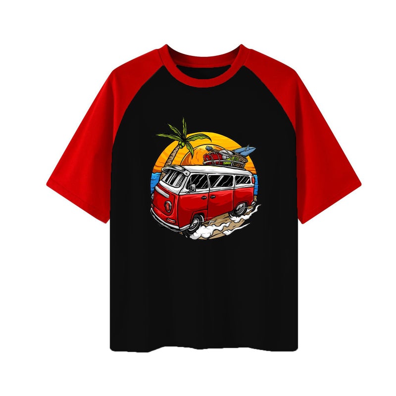 2023 Men'S And Women'S Raglan Short Sleeve Retro Bus Seven-Point Sleeve Raglan Round Neck Short Sleeve T-Shirt - Image 1