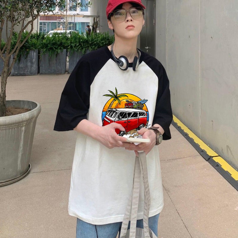 2023 Men'S And Women'S Raglan Short Sleeve Retro Bus Seven-Point Sleeve Raglan Round Neck Short Sleeve T-Shirt - Image 4
