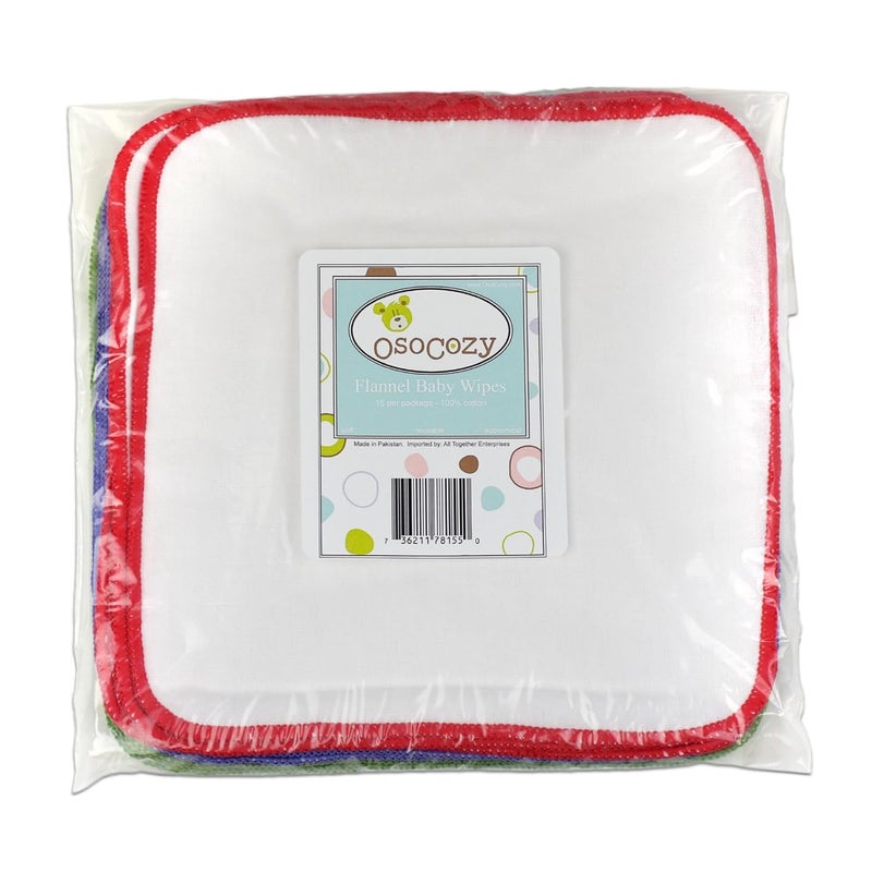 OsoCozy Flannel Cloth Baby Wipes - Reusable & Washable Saves Money - White 100% Cotton - Soft and Durable - Colorful Stitching - 8 x 8 inches, 15 Count (Pack of 1) - Image 4