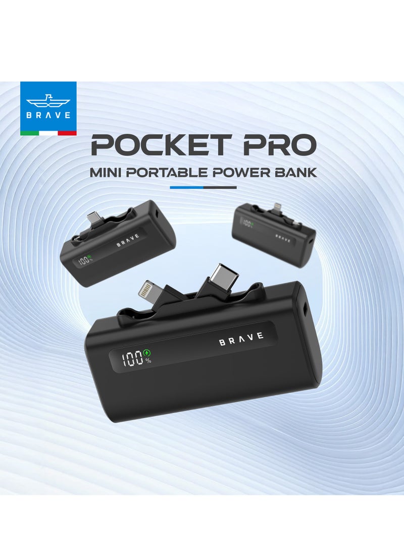 Brave - Ultra-Small Power Bank 5000mAh, 22.5W USB-C Fast Charging, Portable Charger with Built-in Type-C and Lightning Connectors, LED Display, Compatible with iPhone 16, 15, 14, 13, 12, Samsung Galaxy 25, 24, 23, 22, iPad, AirPods Pro, and Other Android Devices (Black) - Image 1
