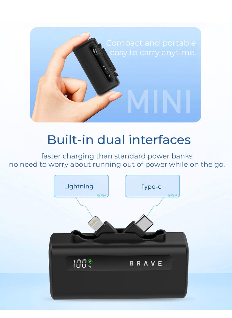 Brave - Ultra-Small Power Bank 5000mAh, 22.5W USB-C Fast Charging, Portable Charger with Built-in Type-C and Lightning Connectors, LED Display, Compatible with iPhone 16, 15, 14, 13, 12, Samsung Galaxy 25, 24, 23, 22, iPad, AirPods Pro, and Other Android Devices (Black) - Image 1