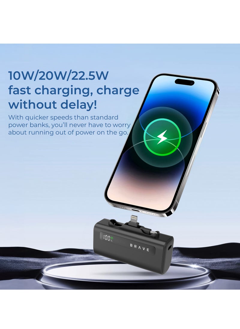 Brave - Ultra-Small Power Bank 5000mAh, 22.5W USB-C Fast Charging, Portable Charger with Built-in Type-C and Lightning Connectors, LED Display, Compatible with iPhone 16, 15, 14, 13, 12, Samsung Galaxy 25, 24, 23, 22, iPad, AirPods Pro, and Other Android Devices (Black) - Image 1