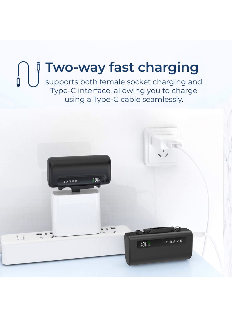 Brave - Ultra-Small Power Bank 5000mAh, 22.5W USB-C Fast Charging, Portable Charger with Built-in Type-C and Lightning Connectors, LED Display, Compatible with iPhone 16, 15, 14, 13, 12, Samsung Galaxy 25, 24, 23, 22, iPad, AirPods Pro, and Other Android Devices (Black) - Image 1