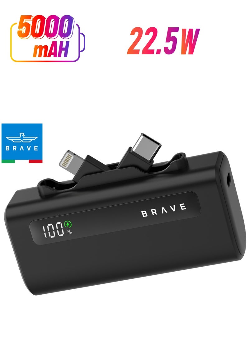 Brave - Ultra-Small Power Bank 5000mAh, 22.5W USB-C Fast Charging, Portable Charger with Built-in Type-C and Lightning Connectors, LED Display, Compatible with iPhone 16, 15, 14, 13, 12, Samsung Galaxy 25, 24, 23, 22, iPad, AirPods Pro, and Other Android Devices (Black) - Image 1