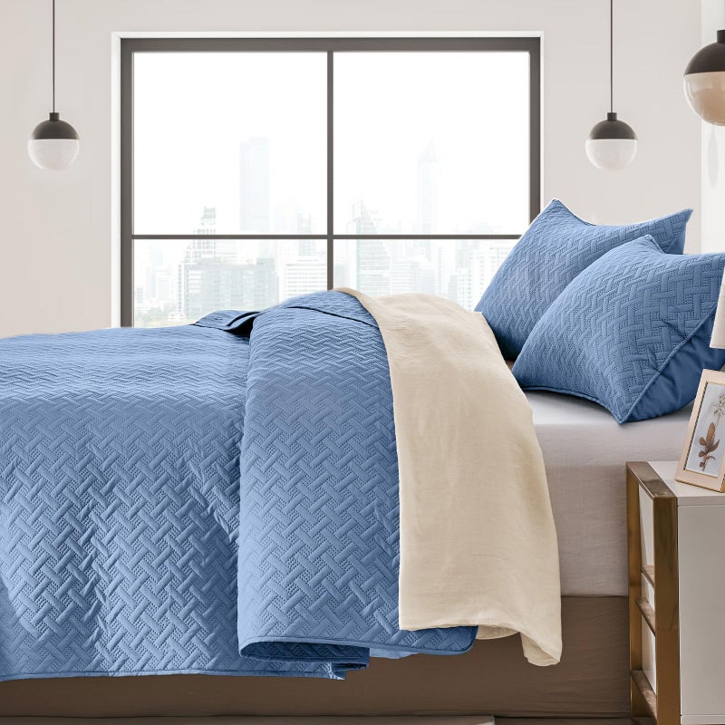 FLYMME Bluish Grey Full/Queen Quilt Bedspreads, Modern Style Geometric Weave Stripe Pattern,3 Pieces Lightweight Bedding Sets, Microfiber Quilted Comforter Coverlet for All Season (1 Quilt, 2 Shams) - Image 3