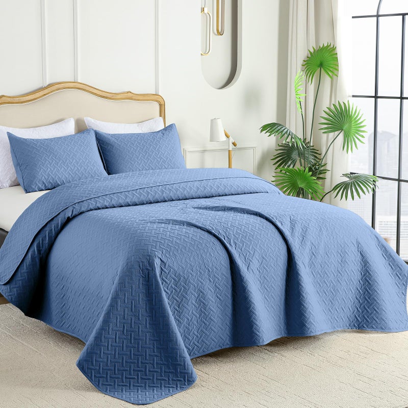 FLYMME Bluish Grey Full/Queen Quilt Bedspreads, Modern Style Geometric Weave Stripe Pattern,3 Pieces Lightweight Bedding Sets, Microfiber Quilted Comforter Coverlet for All Season (1 Quilt, 2 Shams) - Image 2