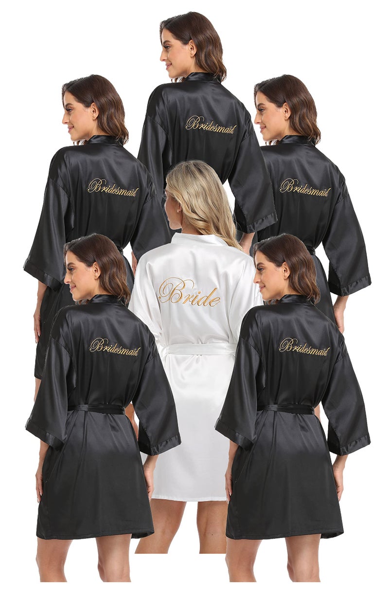 PENGEE 6 Pcs Womens Satin Wedding Party Robe Set Bride Bridesmaid Kimono sets Bridal Shower Getting Ready Silky BathRobe