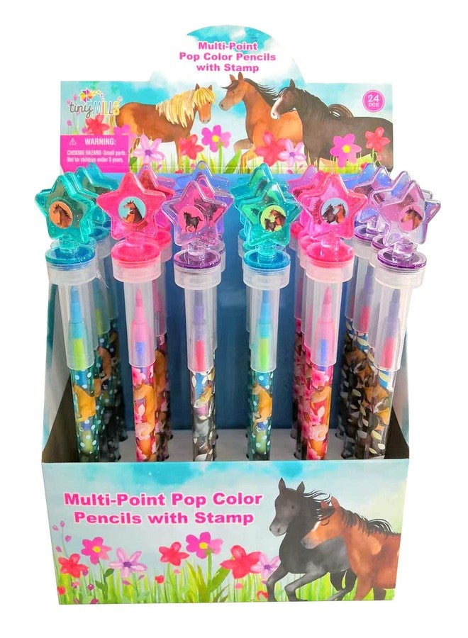 TINYMILLS 24 Pcs Horse Pony 2 in 1 Stackable Stacking Crayon with Extra Stamper Topper, Kids Party Favors, Goodie Bag Stuffers, Classroom Rewards, Prizes - Image 1