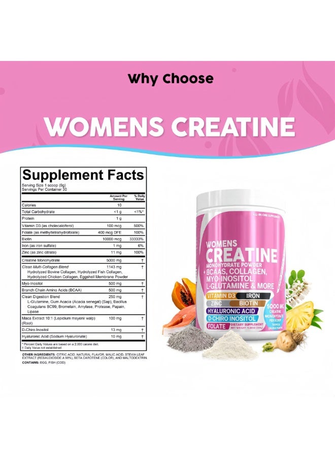 Clean Creatine for Women | Creatine Monohydrate + BCAA Powder Myo-Inositol Collagen Biotin Hyaluronic Acid Folate L Glutamine Vitamin D3 Iron Zinc D-Chiro  - Image 2