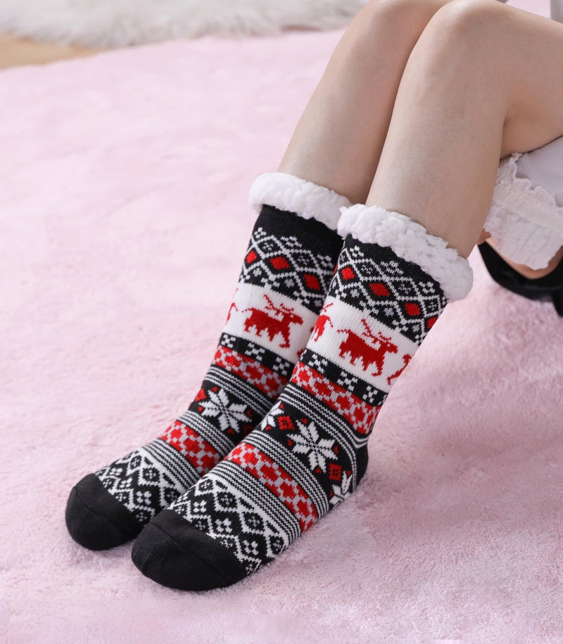 LINEMIN Womens Winter Slipper Socks With Grippers Cozy Warm Cute Fuzzy Slipper Socks (Black Christmas) - Image 3