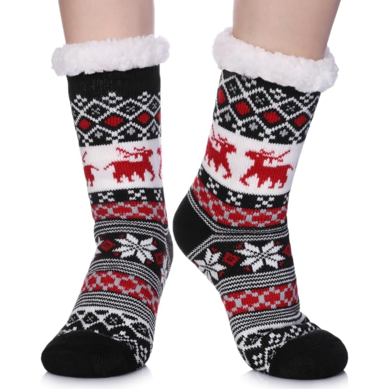 LINEMIN Womens Winter Slipper Socks With Grippers Cozy Warm Cute Fuzzy Slipper Socks (Black Christmas) - Image 1