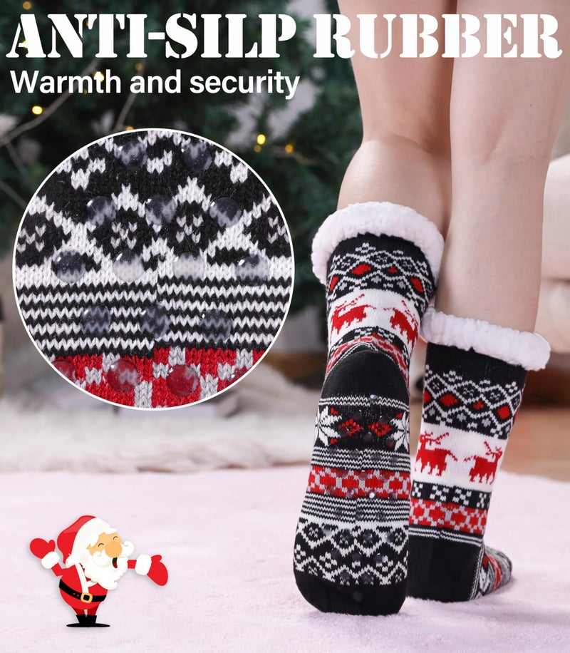 LINEMIN Womens Winter Slipper Socks With Grippers Cozy Warm Cute Fuzzy Slipper Socks (Black Christmas) - Image 4